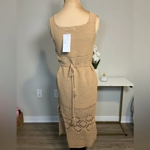 Elegant Tan Crochet Maxi Dress - Picture 3 of 7